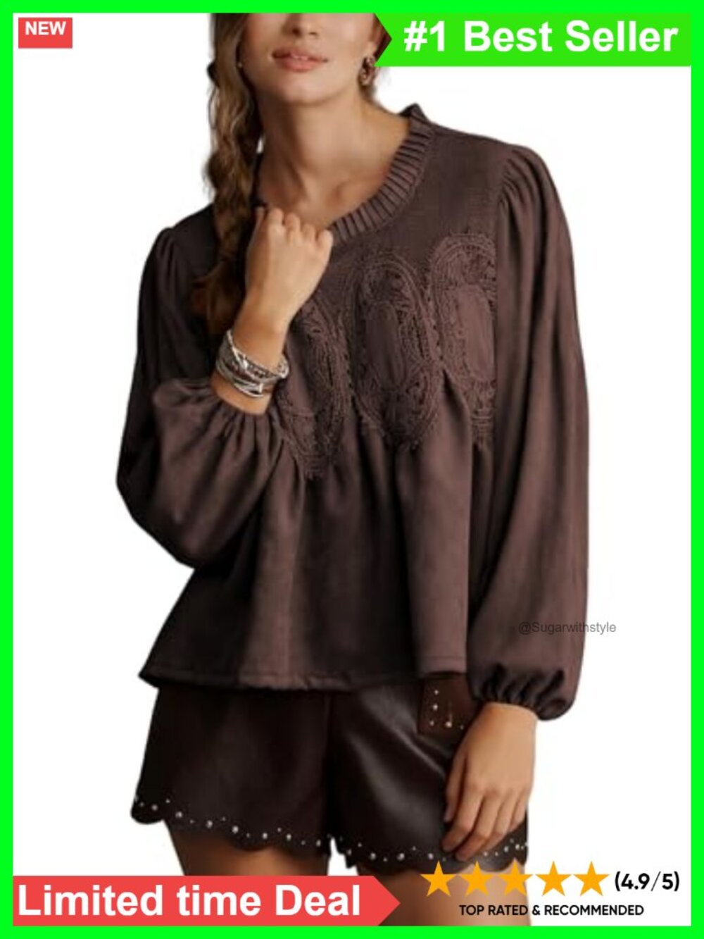 Faux Suede Lace Detail Flared Blouse Long Sleeve Crew Neck Swing